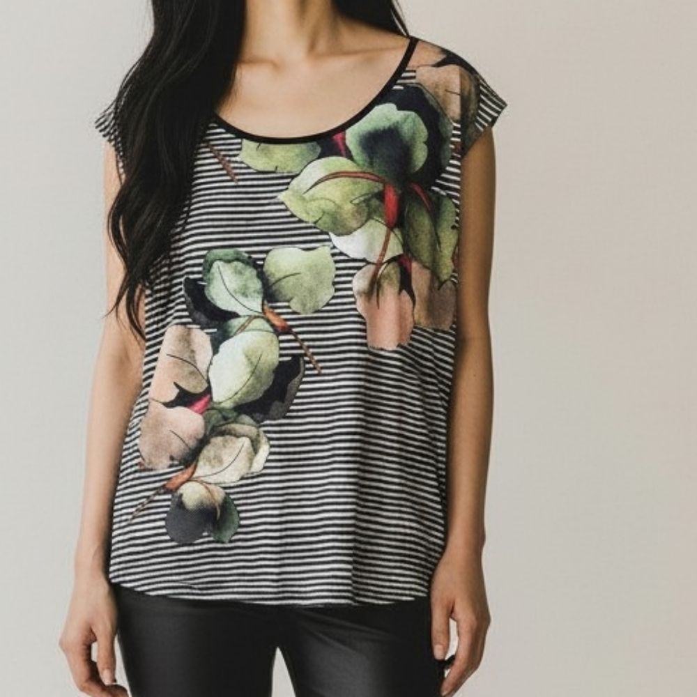 Striped Floral Cap-Sleeve Women's Top in Black and Green